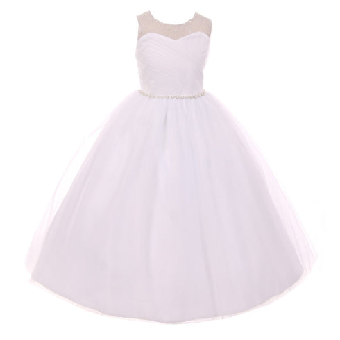 Rain Kids Big Girls White Pearl Rhinestone Tulle Junior Bridesmaid Dress 8-12 - SophiasStyle.com